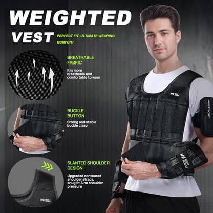 Weighted Vest Men 20lb/30lb/40lb/50lb/60lb Adjustable Weight Vest with Steel Plates Weight for Running Workout