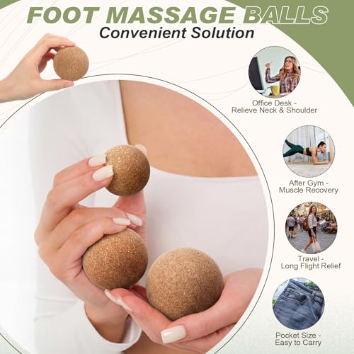 Konohan Cork Massage Balls & Toe Stretching Bands Set Includes 4 Peanut & Round Myofascial Release Balls, 2 Toe Stretching Bands and 1 Storage Bag for Plantar Fascia Relief, Foot Pain Therapy Tools