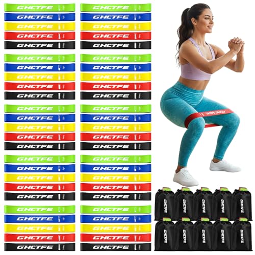 50PCS Resistance Bands Bulk Pack for Gym Studios, Trainers & Schools, 10 Mini Bands Sets, 5 Levels Color-Coded Durable Loop Exercise Bands for Pilates, Yoga, Rehab, Gift for Team Fitness