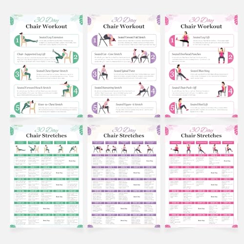 Chair Yoga Chart for Seniors & Beginners - Set of 6 Laminated Workout Posters - Gentle Seated Exercises for Stiffness, Joint Pain & Stress Relief - Easy to Follow 30-Day Challanges Home Workout Guide