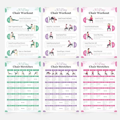 Chair Yoga Chart for Seniors & Beginners - Set of 6 Laminated Workout Posters - Gentle Seated Exercises for Stiffness, Joint Pain & Stress Relief - Easy to Follow 30-Day Challanges Home Workout Guide