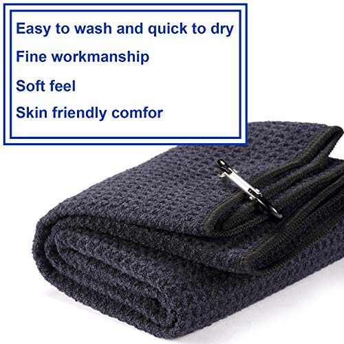2 Pack 16" x 24" Tri-fold Golf Towel Set, Microfiber Fabric Waffle Pattern Towels, Heavy Duty Carabiner Clip (2 Pcs, 2 Colors) - color: 4:all Black