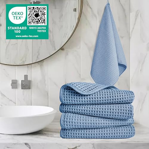 POLYTE 430 GSM Poly Blend Microfiber Quick Dry Waffle Hand Towel, 16x30 in - color: Blue