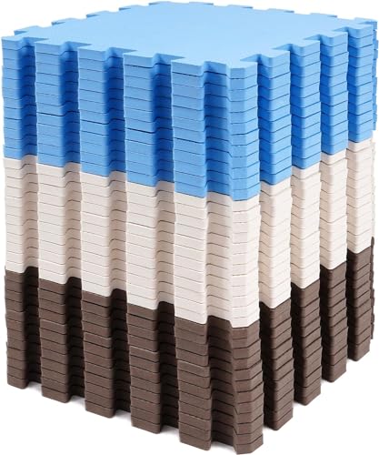 BalanceFrom 16-Pack 12x12 Inches EVA Interlocking Foam Play Tile Mat, Blue/Brown/Beige – 0.4-Inch Thick Non-Slip Puzzle Flooring for 16 Square Feet in Playroom, Nursery, or Playpen at Home