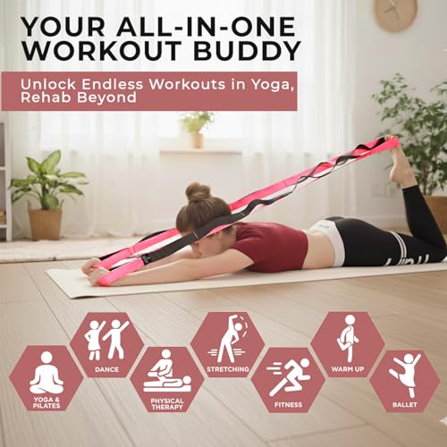 TAVIEW Yoga Strap for Stretching – Stretch Band with 12 Loops –Multi-Grip Pilates Hamstring Stretcher Belt – Physical Therapy Equipment for Best Flexibility