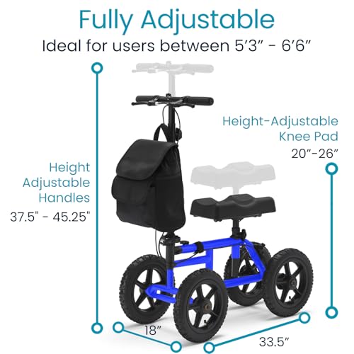 Vive Mobility All Terrain Knee Scooter Walker for Foot Injuries - Adult Broken Leg Crutch Cart Roller for Surgery, Broken Foot, Ankle Injury - Kneeling Rolling Steerable Seated Wheel Scooter Aid - color: Blue