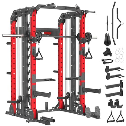 Smith Machine, 2600LBS Squat Rack, 7-in-1 Home Gym Cage with Adjustable Safety Bars, Pull-Up & LAT Pulldown
