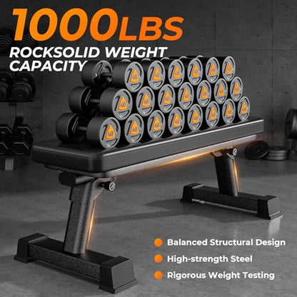 BODY RHYTHM Semi-Commercial Foldable Flat Bench for Multi-Purpose Weight Training and Ab Workout, Flat Weight Workout Exercise Bench with 1000lb Weight Capacity for Strength Training Bench Press, Suitable for Home and Gym.