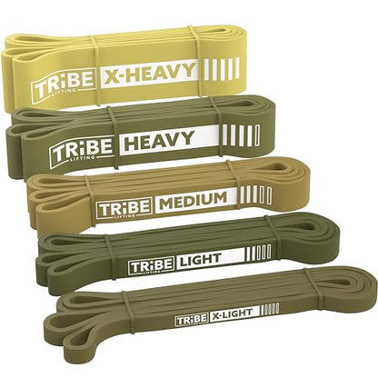 Tribe Lifting Resistance Bands for Working Out Men and Women - Set of 5 Pull Up Bands for Strength Training, Exercise Bands with Handles, Door Anchor and Bar Options for Home Gym