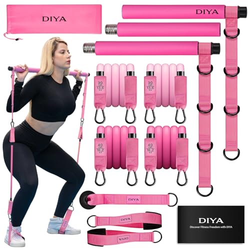 Pilates Bar Kit with Resistance Bands 140 lbs – Adjustable Portable Home Gym Workout Equipment for Women & Men – Full Body Fitness Bar for Legs, Glutes, Arms, Core & Back - color: Pink