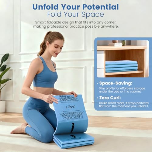 Foldable Yoga Mat and Blocks Set for Women with 2 Pack Yoga Blocks and Strap,Thin Non Slip Pilates Mat with Bag, Home Workout Equipment Essentials Starter Kit for Beginners Full Body Toning - color: Blue