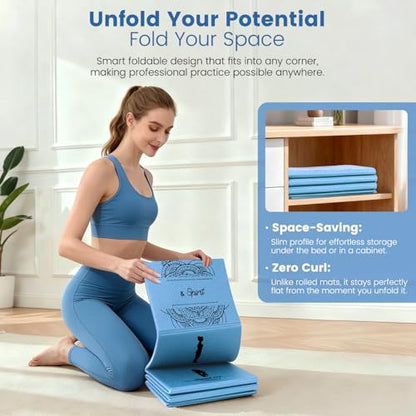Foldable Yoga Mat and Blocks Set for Women with 2 Pack Yoga Blocks and Strap,Thin Non Slip Pilates Mat with Bag, Home Workout Equipment Essentials Starter Kit for Beginners Full Body Toning - color: Blue