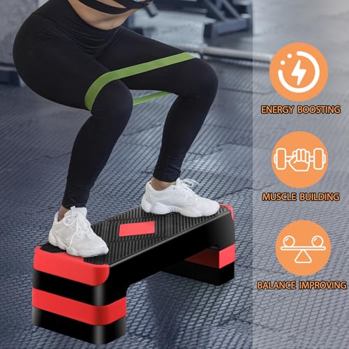 26.5" Height Adjustable Step Aerobic Platform with 4 Risers, Exercise Workout Stepper for Home Training, Gym Fitness, 4''- 6'' - 8'', 400 lbs Capacity - color: Red