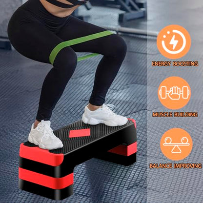 26.5" Height Adjustable Step Aerobic Platform with 4 Risers, Exercise Workout Stepper for Home Training, Gym Fitness, 4''- 6'' - 8'', 400 lbs Capacity - color: Red