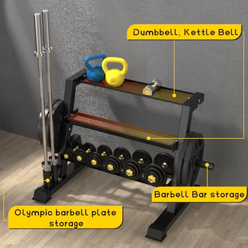 3-Tier Weight Rack, Dumbbell Kettlebell Rack 1100LB Capacity Weight Plate and Curl Bar Storage for Home Gym