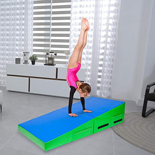 Matladin 48"x24"x14" Tumbling Mat - Folding Gymnastics Cheese Wedge Mat for Kids, Girls Home Training - color: Blue&Green