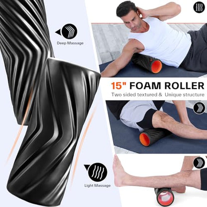 Sportneer 4 in 1 Foam Set, Muscle Relax Kit with 2 Textured Foam Pilates Rollers, Stringed Exercise Ball, Lacrosse Ball for Muscle Shoulder Back Leg Whole Body Relax Fitness Yoga - color: Black
