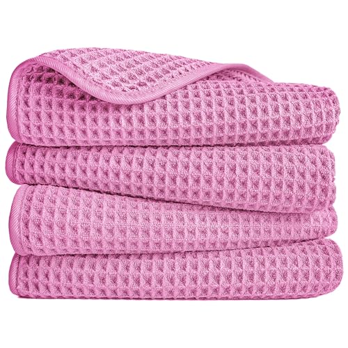 POLYTE 430 GSM Poly Blend Microfiber Quick Dry Waffle Hand Towel, 16x30 in - color: Pink