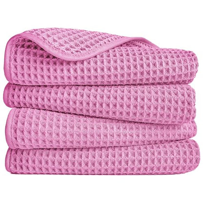POLYTE 430 GSM Poly Blend Microfiber Quick Dry Waffle Hand Towel, 16x30 in - color: Pink