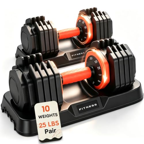 FEIERDUN Adjustable Dumbbell Set, Weight Set for Home Gym, 5/10-in-1 Free Weight Adjustable Dumbbells, Single Hand Twist Adjust with Non-Slip Handles, 90% Space Saving Strength Training for both Men&Women - color: 10 Weight Settings - 25 LB/Pair (50 LB To