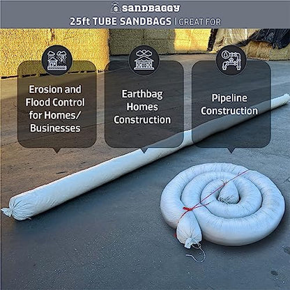 Sandbaggy 25 Ft Empty Tube Sandbags w/ UV Protection | Helps Build Earthbag Homes Faster | Sandbag Protects Homes & Businesses from Flooding | Military Grade | Similar to SuperAdobe Bags (25 ft (Pack of 25))