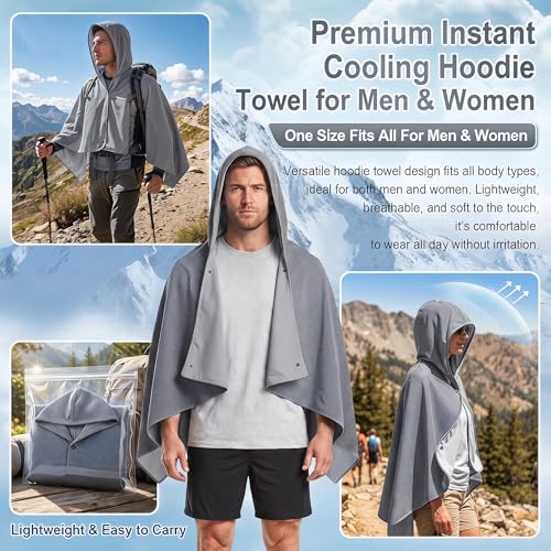 Cooling Hooded Beach Towel Cloak for Men Women - UPF 50+ Sun Proteciton Double Layer PVA Fabric Cool Towel Cape, Instant Cooling Soft Ice Towelfor Beach Yoga Camping (Gray) - color: Gray