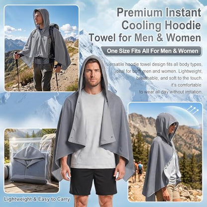 Cooling Hooded Beach Towel Cloak for Men Women - UPF 50+ Sun Proteciton Double Layer PVA Fabric Cool Towel Cape, Instant Cooling Soft Ice Towelfor Beach Yoga Camping (Gray) - color: Gray