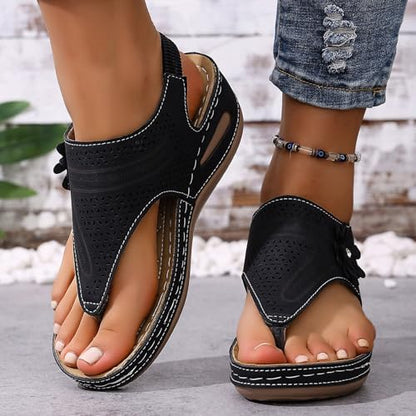 Women's Split Toe Wedge Sandals Floral Decor Elastic Back Strap Arch Support Orthopedic Non Slip Soft Insole Wide Width Breathable Casual Comfortable Shoes Summer Beach Vacation Party Walking Sandal