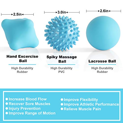 Massage Ball Set for Myofascial Trigger Point Release & Deep Tissue Massage - Set of 6 - Large Foam/Small Foam/Lacrosse/Peanut/Spiky/Hand Exercise Ball (Blue)