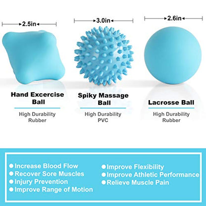 Massage Ball Set for Myofascial Trigger Point Release & Deep Tissue Massage - Set of 6 - Large Foam/Small Foam/Lacrosse/Peanut/Spiky/Hand Exercise Ball (Blue)