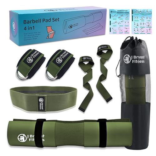 J Bryant Barbell Pad Set with 2 Ankle Straps for Cable Machines Hip Resistance Band Weight Lifting Straps Thick Cushion Hip-Thrusts Pad with Carry Bag for Squats Bench Press Workout - color: army green set
