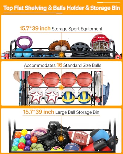 EXTCCT Garage Sports Equipment Organizer - Rolling Ball Storage with Wheels - color: Black