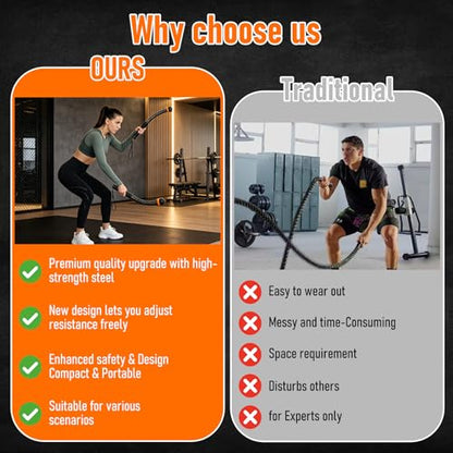 Cordless Battle Rope with Adjustable Resistance Springs, Ropeless Weighted Workout Stick for Strength Training and Cardio Fitness, Home Gym Exercise Equipment