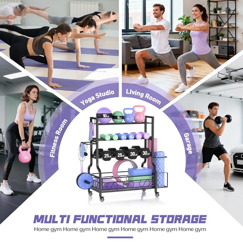 PARTPHONER Dumbbell Weight Rack, Home Gym Storage for Kettlebells Yoga Mat and Balls, All in One Workout Storage with Wheels and Hooks, Powder Coated Finish Steel - size: 39"(L)x15.8"(W)x39.8"(H)