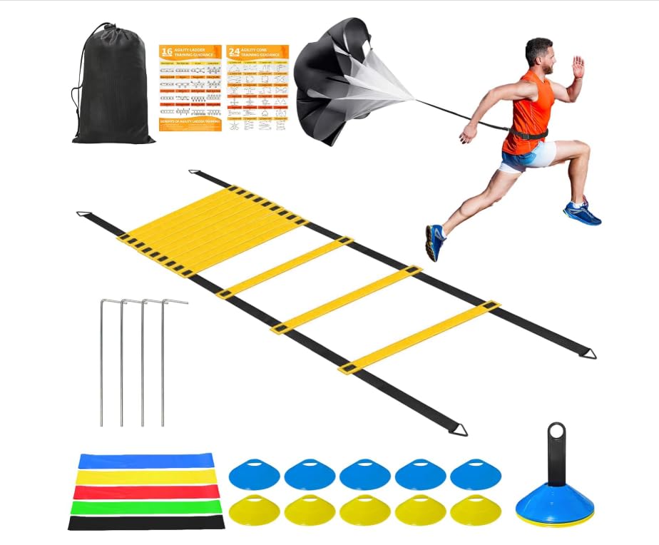 Hands Free Speed Agility Training Equipment Set - 20ft Agility Ladder, 10 Disc Cones, Resistance Parachute, 5 Resistance Bands & Carry Bag | Football Soccer Basketball Fitness Drills