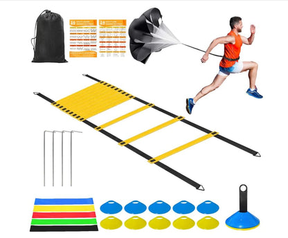 Hands Free Speed Agility Training Equipment Set - 20ft Agility Ladder, 10 Disc Cones, Resistance Parachute, 5 Resistance Bands & Carry Bag | Football Soccer Basketball Fitness Drills