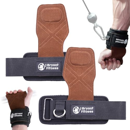 Weight Lifting Straps with D Rings, Leather Palm Grip Wrist Cuffs, 7mm Neoprene Wrist Support for Cable Machines & lifting Training