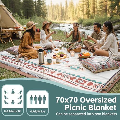 2 in 1 Extra Large Outdoor Rug Picnic Mat Woven Summer Throw Blanket Boho Giant Beach Travel Essential Yoga Accessories Park Patio Lawn Garden Grass Ground Play Music Festival Concert Must Have - color: Boho Beige