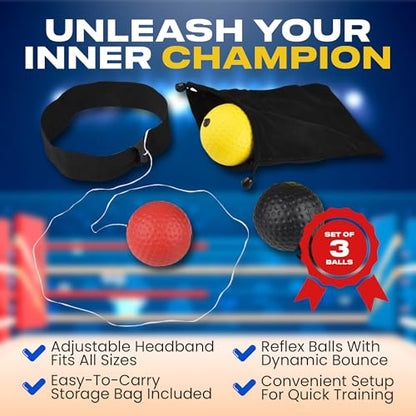 Boxing Reflex Ball Set of 3- Complete Boxing Trainer Ball Set with Elastic Headband, Strings, Storage Bag and Instructions- Easy to Carry Boxing Ball Headband to Improve Hand Eye Coordination & Speed