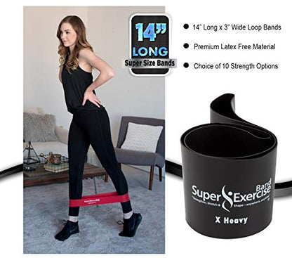 USA 14" x 3" Extra Long Latex Free Mini Loop Bands in 3, 5, 10 Pack Sets. 10 Strengths for Resistance Training, Stretching, Yoga, Toning. Plus an Exclusive iPhone App and E-Book. - color: s. Black X HEAVY Loop Band 10 Pack