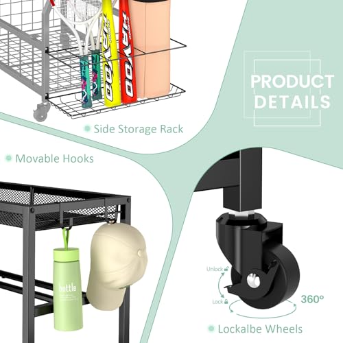 Home Gym Storage Rack, Dumbbell Rack with Yoga Mat Storage, Weight Rack Stand with Lockable Wheels and Hooks, Home Workout Equipment Organizer for Yoga, Dumbbell, Kettlebells, Ball Storage