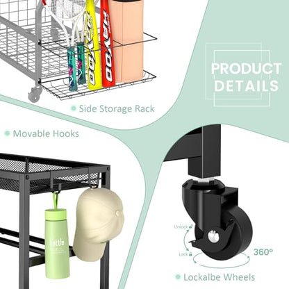 Home Gym Storage Rack, Dumbbell Rack with Yoga Mat Storage, Weight Rack Stand with Lockable Wheels and Hooks, Home Workout Equipment Organizer for Yoga, Dumbbell, Kettlebells, Ball Storage