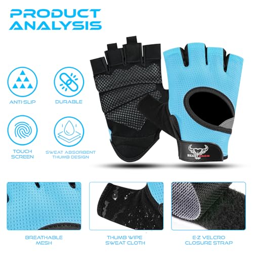 BEAST RAGE Fingerless Weight Lifting Gloves with Palm Protection Padding, Breathable Lightweight Gym Gloves for Men, Women, Weightlifting, Cycling, Exercise, Training Pull Up - color: Aqua, size: Small