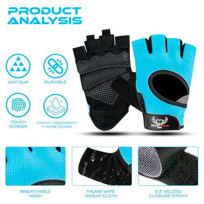 BEAST RAGE Fingerless Weight Lifting Gloves with Palm Protection Padding, Breathable Lightweight Gym Gloves for Men, Women, Weightlifting, Cycling, Exercise, Training Pull Up - color: Aqua, size: Small