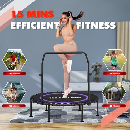 450/550LBS Mini Rebounder Trampoline for Adults with Bar, 40" /48" Fitness Trampoline Adjustable Foam Handle, Stable&Quiet Exercise Rebounder for Adults Indoor/Outdoor Workout(Purple, 550LBS)