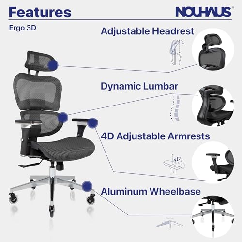 Nouhaus Ergo3D Ergonomic Office Chair Lumbar Support Mesh Office Chair with 4D Adjustable Armrest, Adjustable Headrest and Wheels, Mesh High Back Home Office Desk Chairs(Black) - color: Black