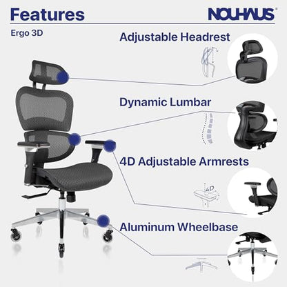 Nouhaus Ergo3D Ergonomic Office Chair Lumbar Support Mesh Office Chair with 4D Adjustable Armrest, Adjustable Headrest and Wheels, Mesh High Back Home Office Desk Chairs(Black) - color: Black