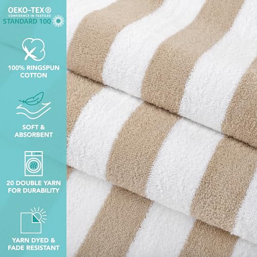 Arkwright California Cabana Stripe Beach Towel - Pack of 4, Large Soft Quick Dry 100% Cotton Terry Towels Set for Pool, Swim, and Hot Tub, Oversized 30 x 70 in, Beige