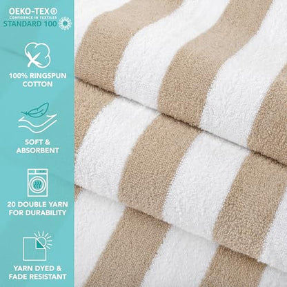 Arkwright California Cabana Stripe Beach Towel - Pack of 4, Large Soft Quick Dry 100% Cotton Terry Towels Set for Pool, Swim, and Hot Tub, Oversized 30 x 70 in, Beige