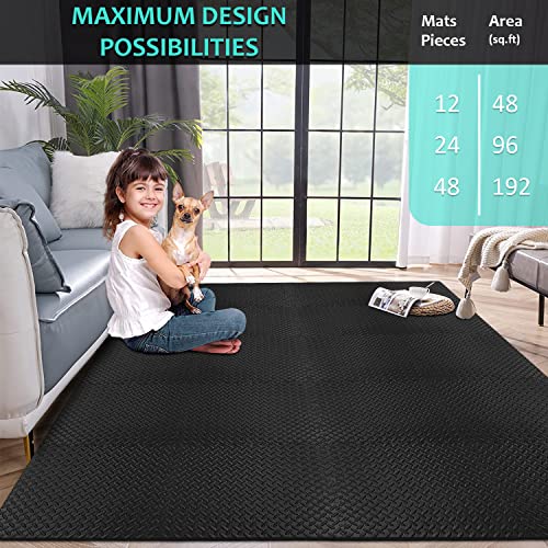 Puzzle Exercise Mat with 12/24/48 Tiles Interlocking Foam Gym Mats, 24'' x 24'' EVA Foam Floor Tiles, Protective Flooring Mats for Gym Equipment - color: 48 Sq.ft/12 Tiles - All-black